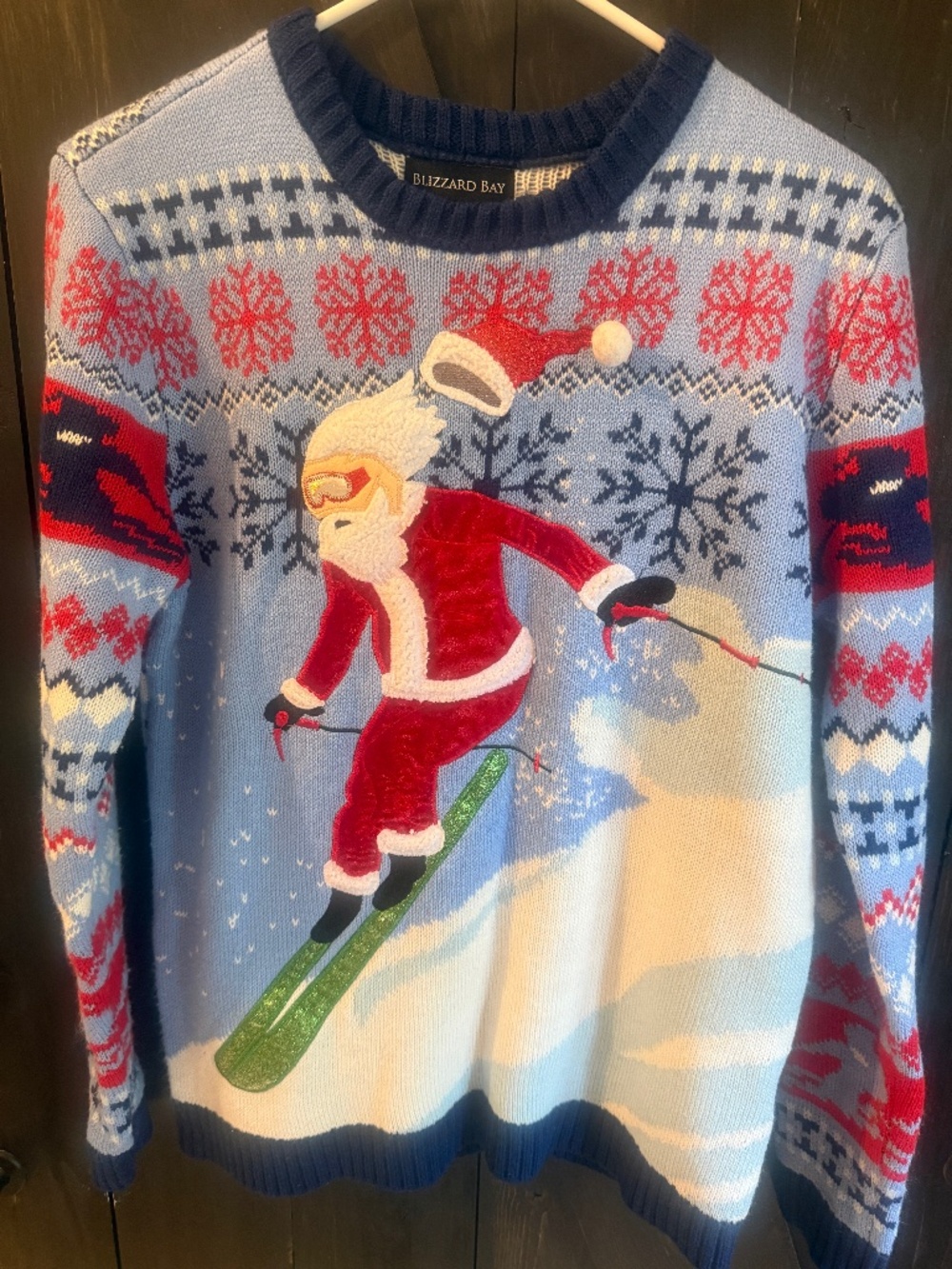Blizzard Bay Ugly Christmas Sweater Skiing Santa argyle snowflakes holiday Small